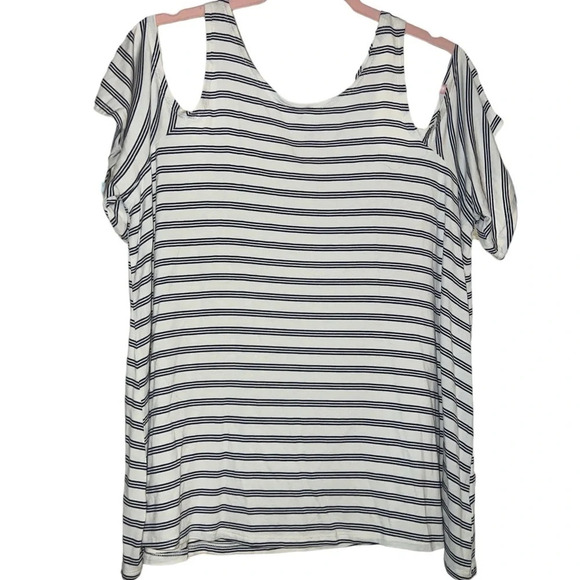 Red Camel Cold Shoulder Short Sleeve Blue and White Striped Top - Picture 8 of 9